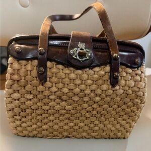 Woven Straw Satchel with Brown Leather Trim
